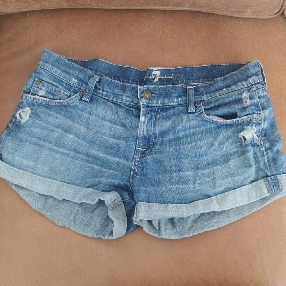 7 For All Mankind Light Blue Distressed Denim Shorts